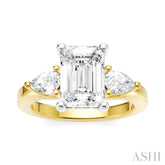 1/2 Ctw Tri-Mount Emerald Shape Center Pear and Round Cut Diamond Semi-Mount Engagement Ring in 14K Yellow and White Gold